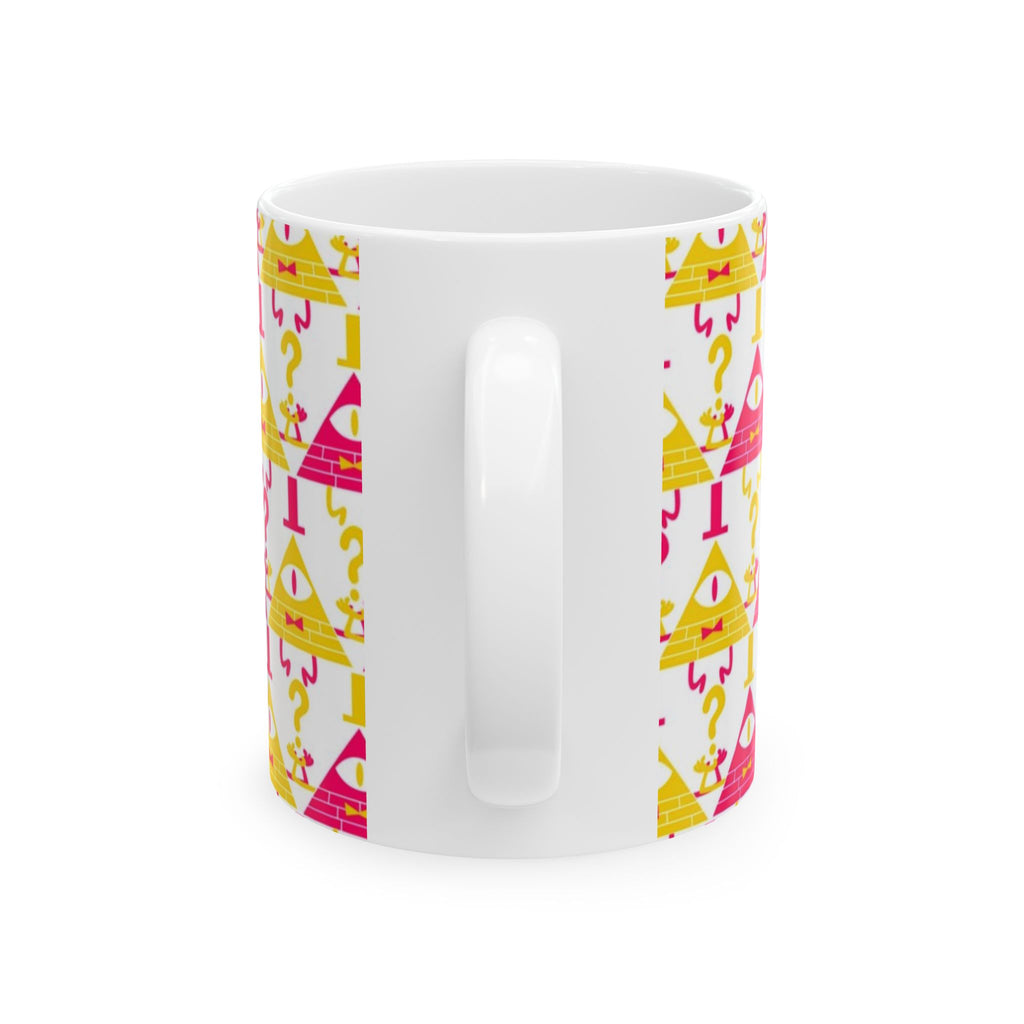 Gravity Falls Bill Cipher Mystery Triangle Pattern Mug | Colorful Eye & Question Mark Design