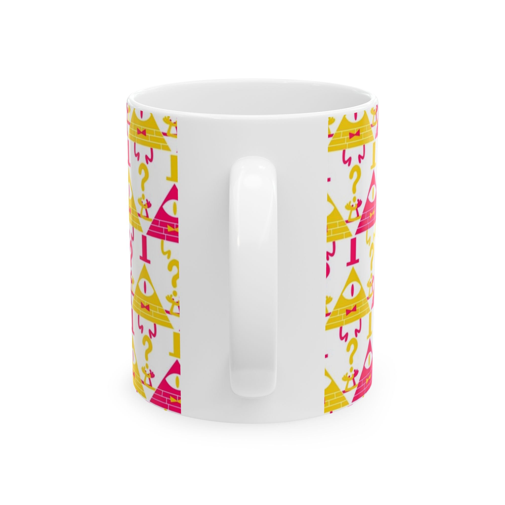 Gravity Falls Bill Cipher Mystery Triangle Pattern Mug | Colorful Eye & Question Mark Design