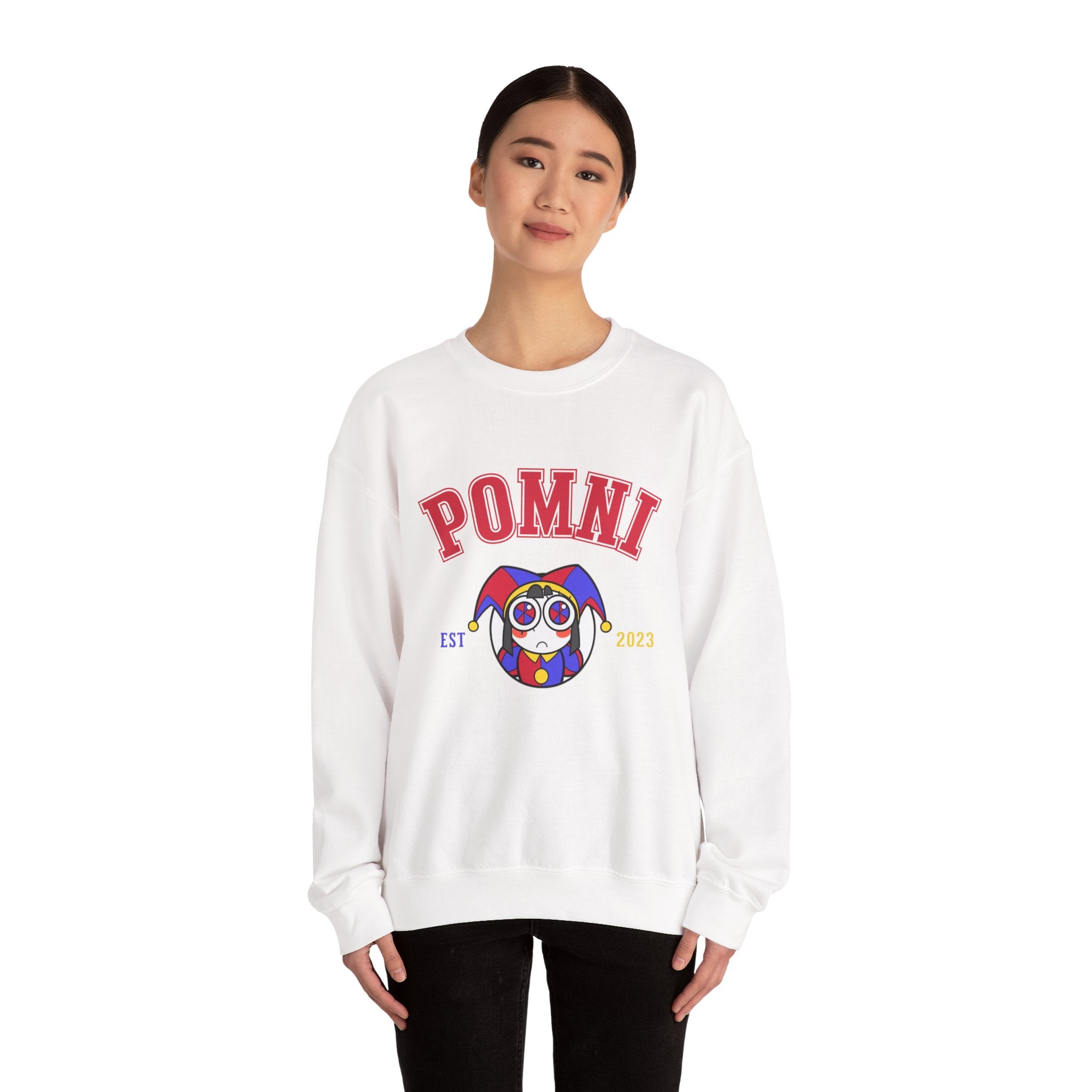 Pomni The Amazing Digital Circus Varsity Jester Character Crewneck Sweatshirt | Cartoon Clown Logo