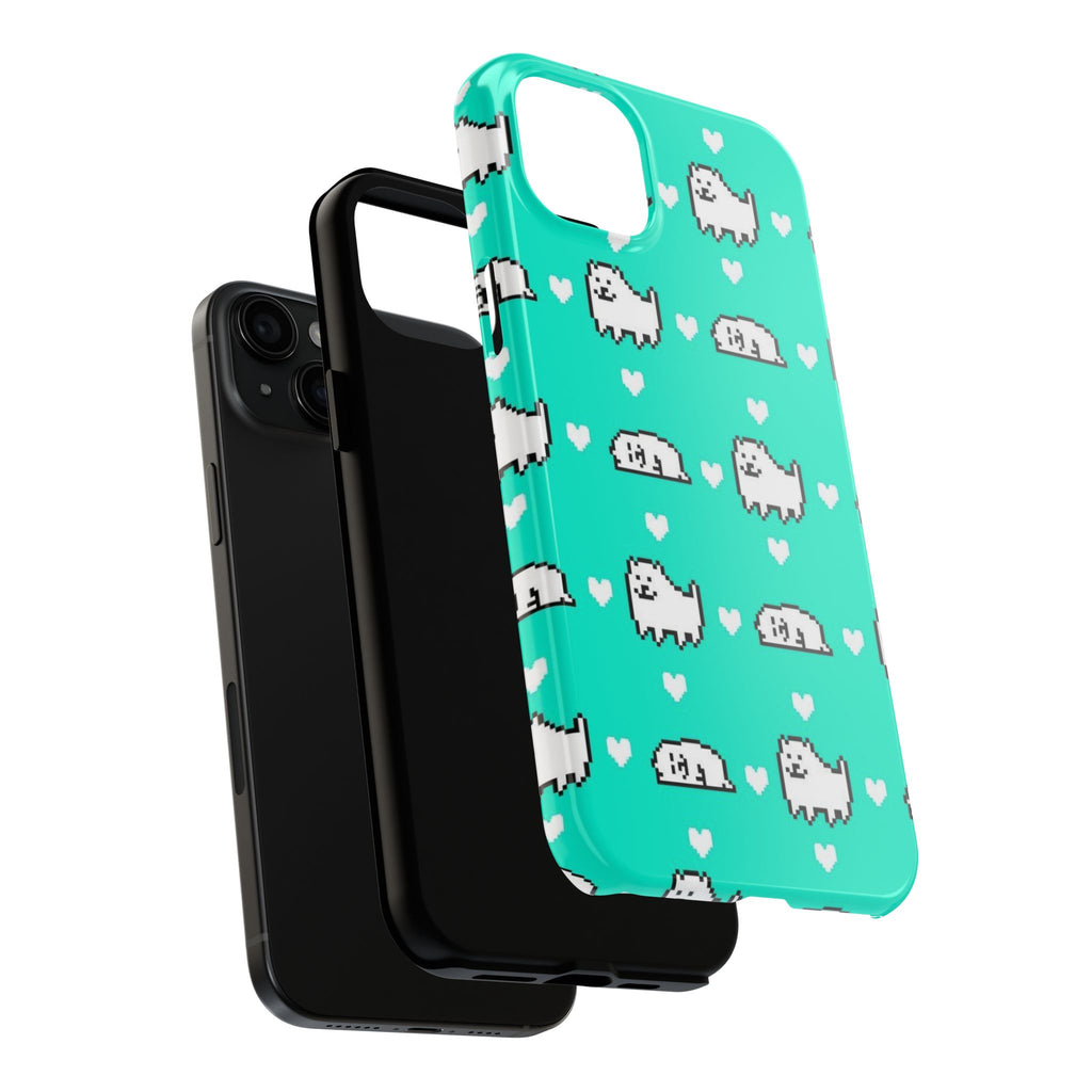 Undertale Cute Teal Kawaii Pixel Dog Pattern Phone Case | Cute Hearts Tough Phone Cases