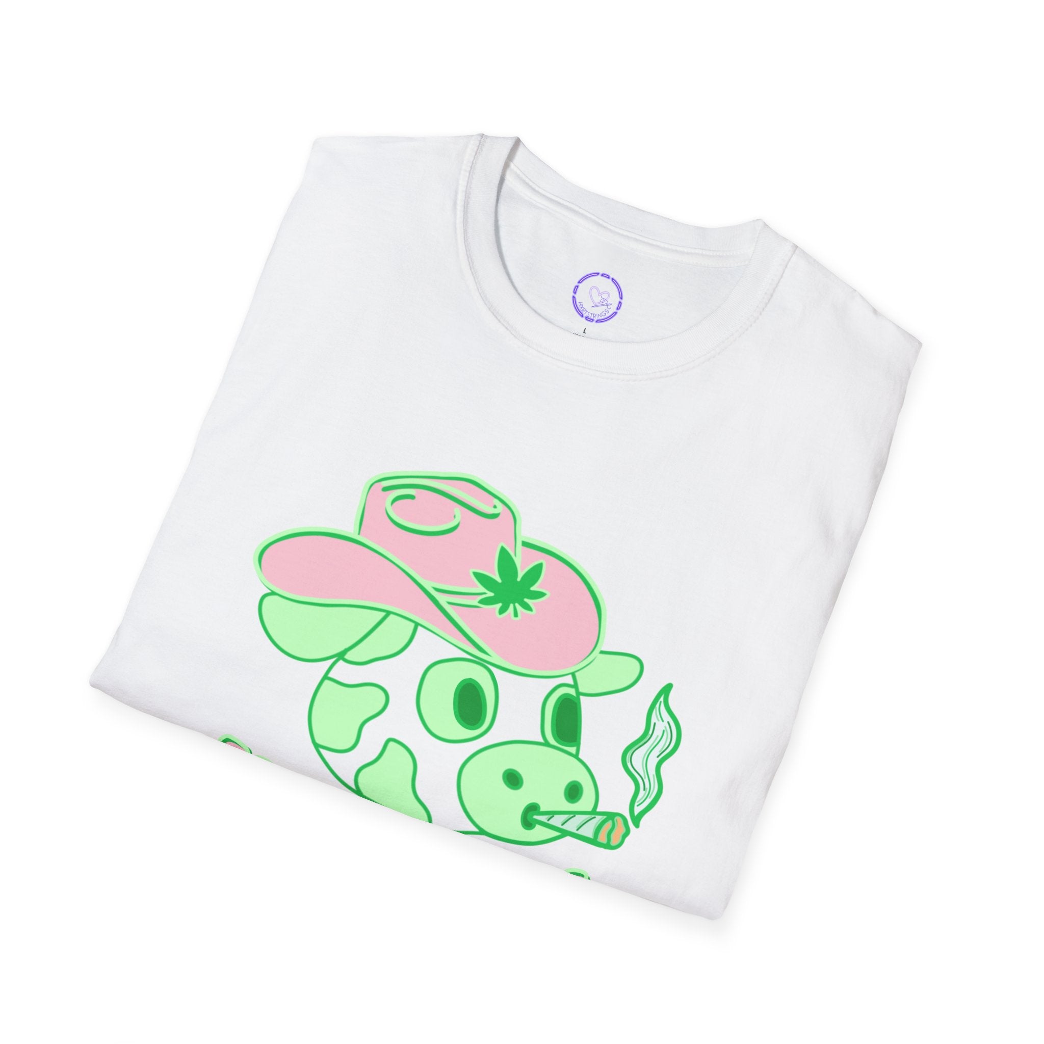 Udderly Baked Cow T-Shirt | Cow Smoking Graphic, Pastel Green Pink