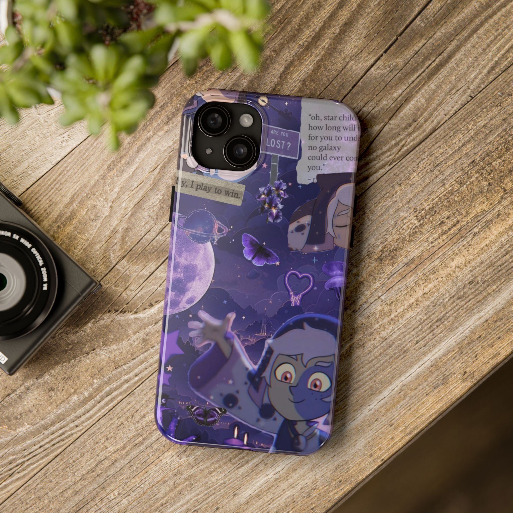 The Owl House The Collector Space Vampire Character phone case | purple galaxy collage, moon & butterflies