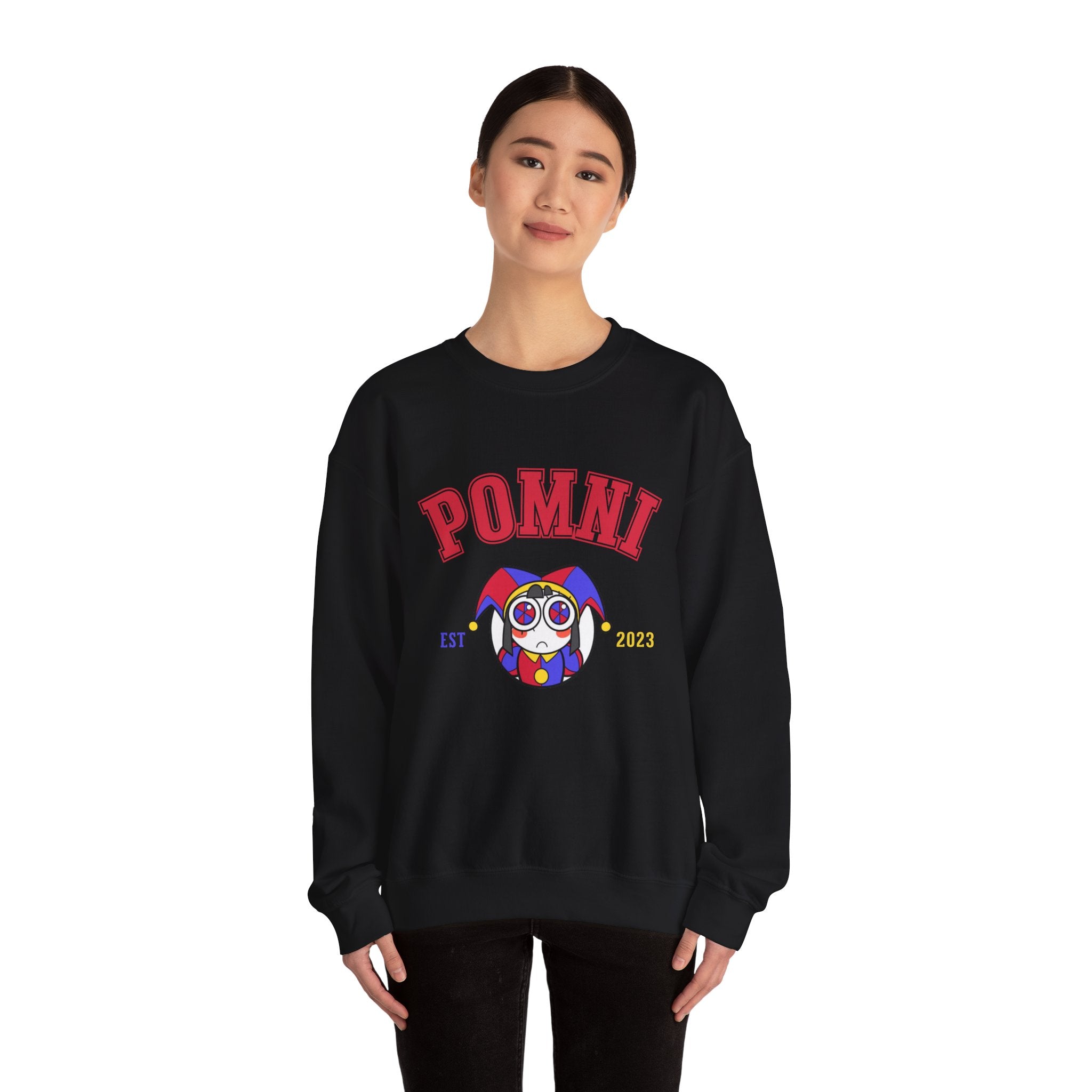 Pomni The Amazing Digital Circus Varsity Jester Character Crewneck Sweatshirt | Cartoon Clown Logo