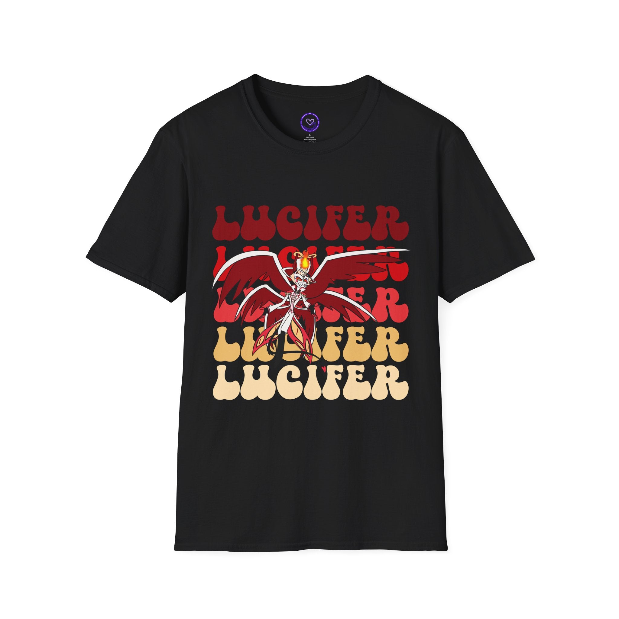 Lucifer Hazbin Hotel Demon Graphic T-Shirt | Retro Stacked Text, Red Yellow Illustration