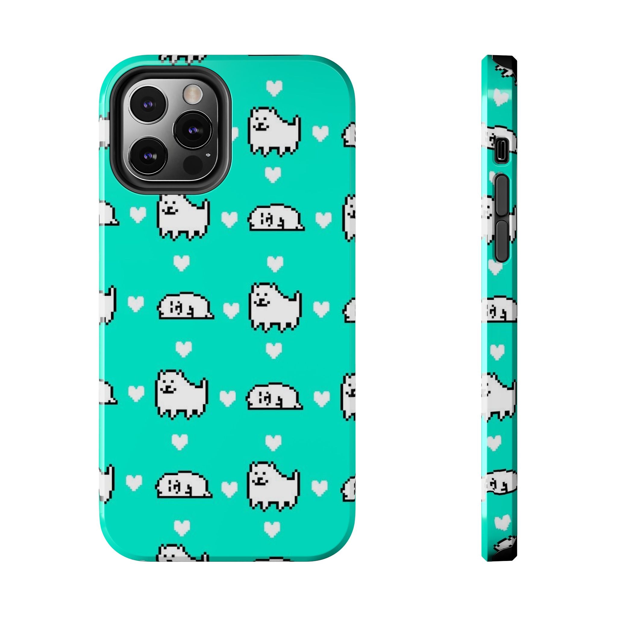 Undertale Cute Teal Kawaii Pixel Dog Pattern Phone Case | Cute Hearts Tough Phone Cases