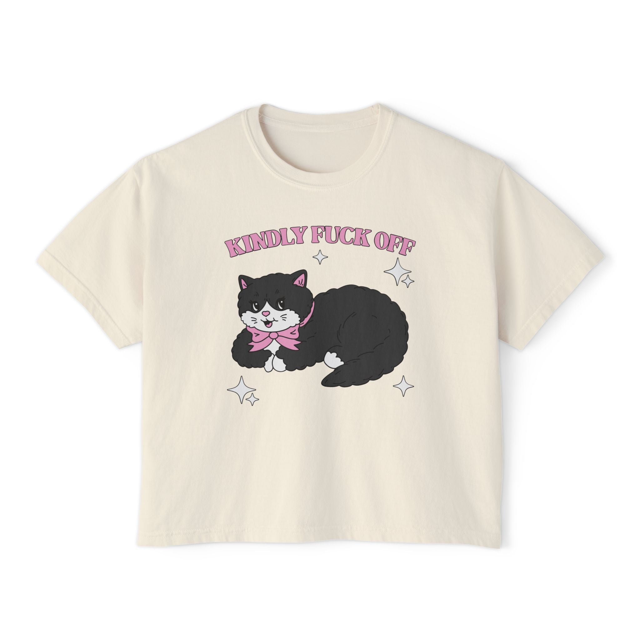 Kindly F*** Off Funny Swear word Cat Tee | Black Cat Illustration, Pink Bow, Sarcastic Slogan