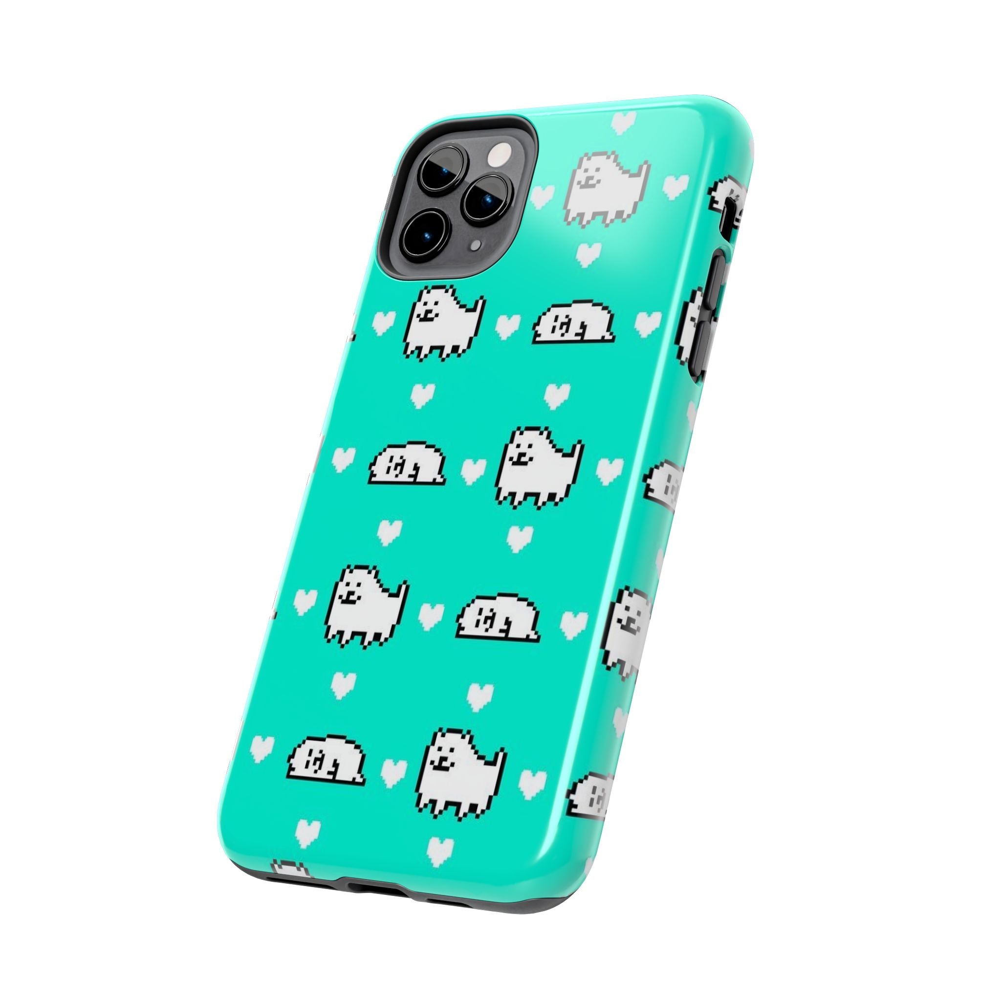 Undertale Cute Teal Kawaii Pixel Dog Pattern Phone Case | Cute Hearts Tough Phone Cases
