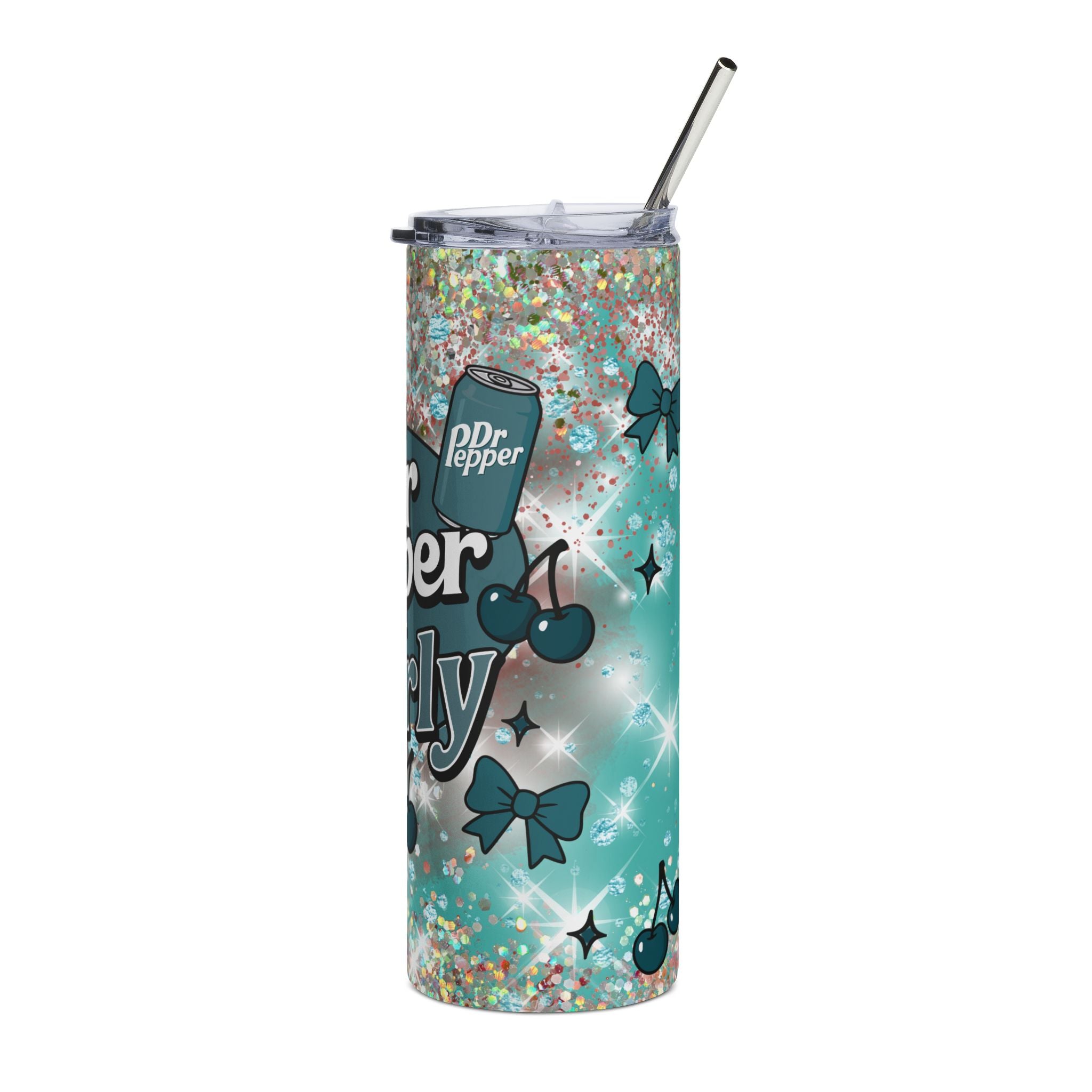 Teal Dr Pepper Girly Tumbler | 20oz Stainless Steel Glitter Cherry Design