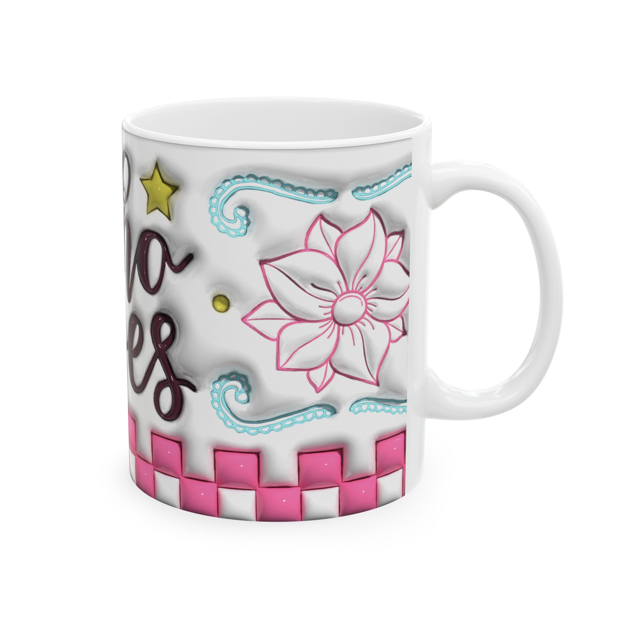 Boho Vibes Pink Blue 3D Inflated Ceramic Mug, (11oz, 15oz)