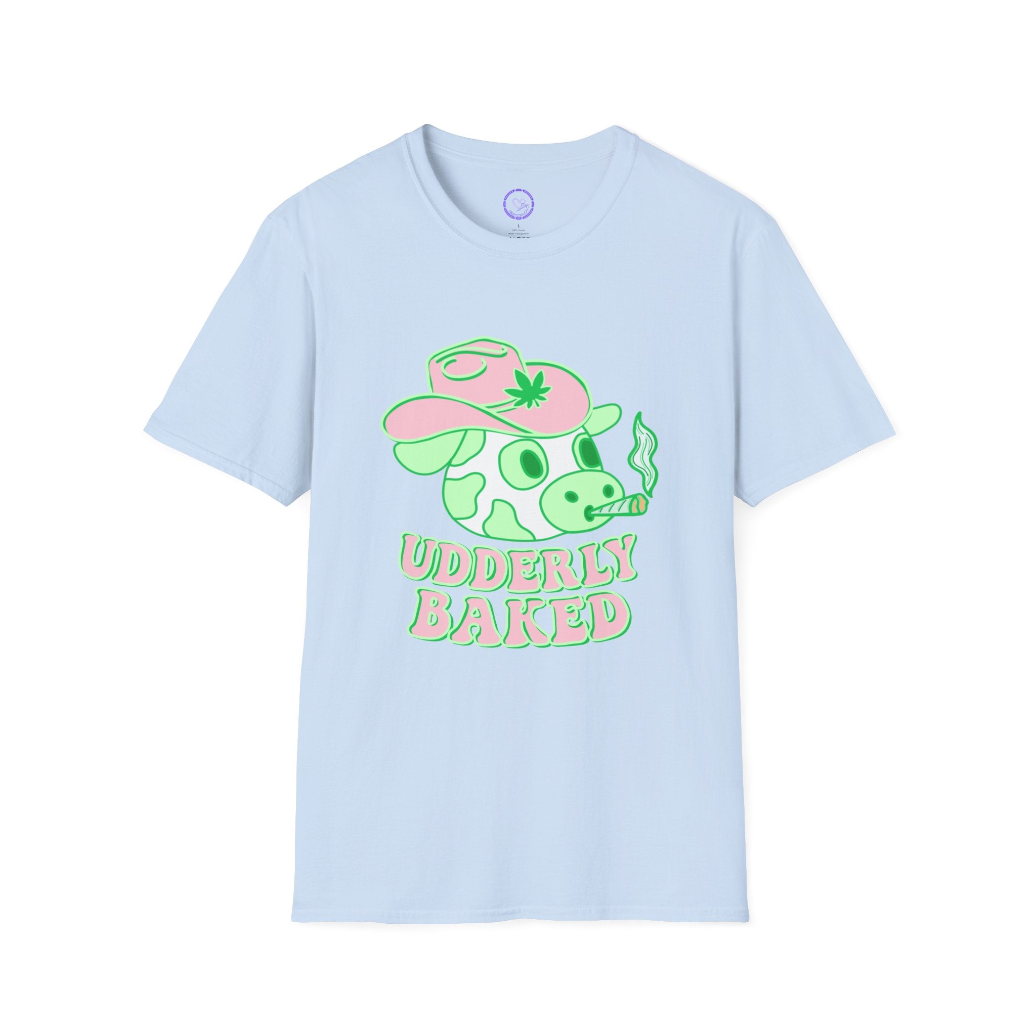Udderly Baked Cow T-Shirt | Cow Smoking Graphic, Pastel Green Pink