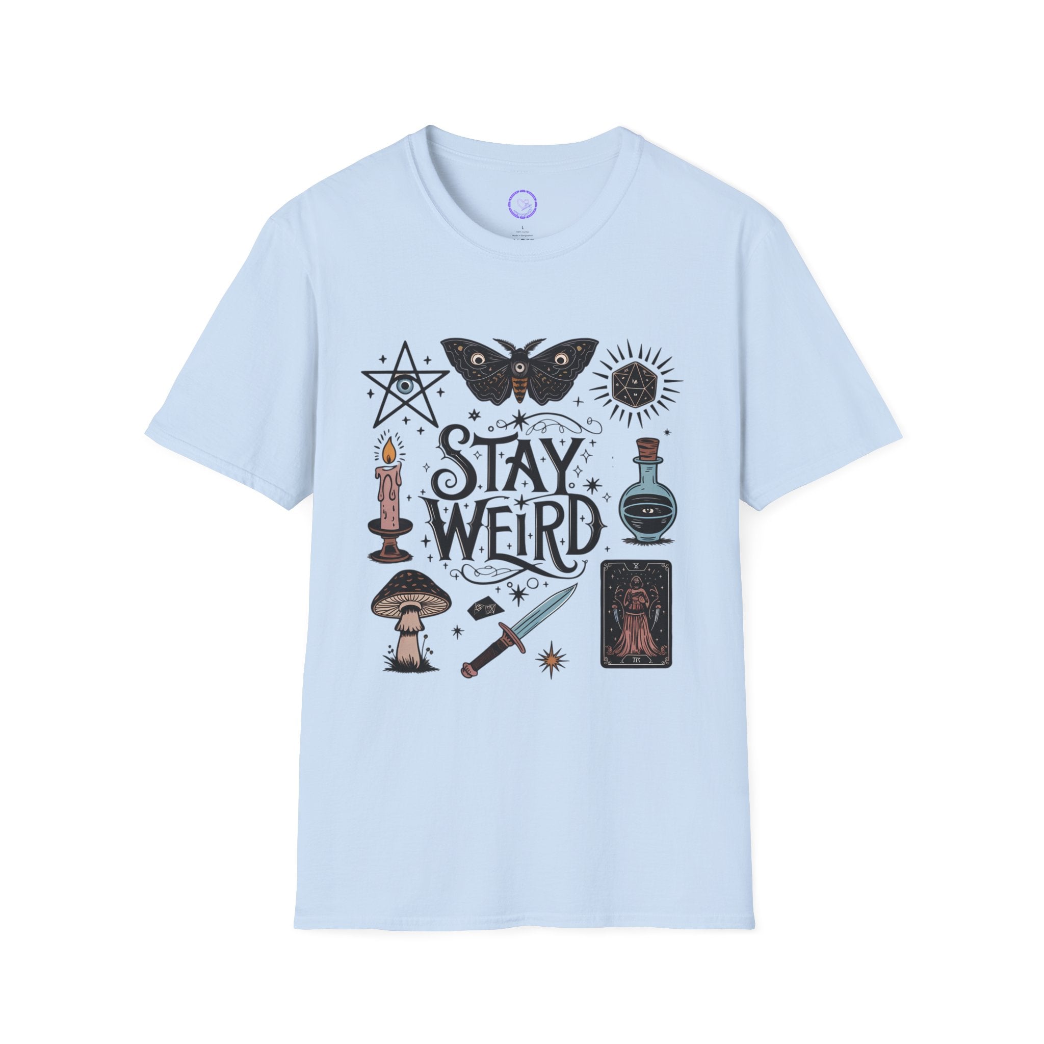Stay Weird witchy symbols T-Shirt | moth, candle, potion, tarot art