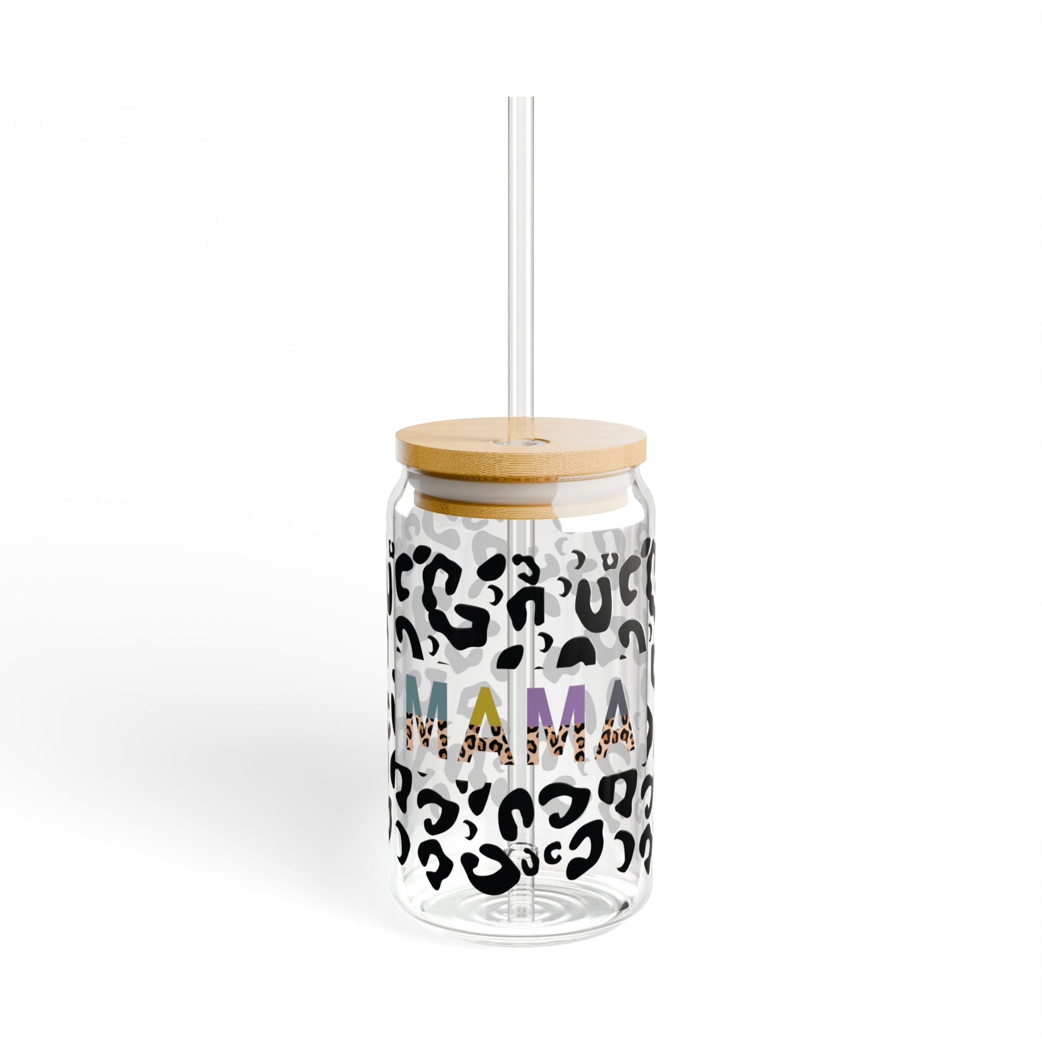 Mama Leopard Print Libbey Sipper Glass | 16oz Mason Jar Style with Straw