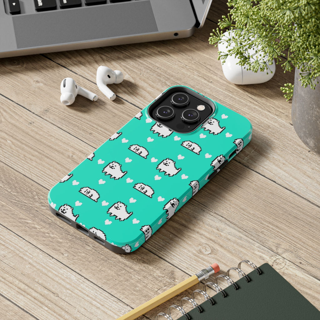 Undertale Cute Teal Kawaii Pixel Dog Pattern Phone Case | Cute Hearts Tough Phone Cases