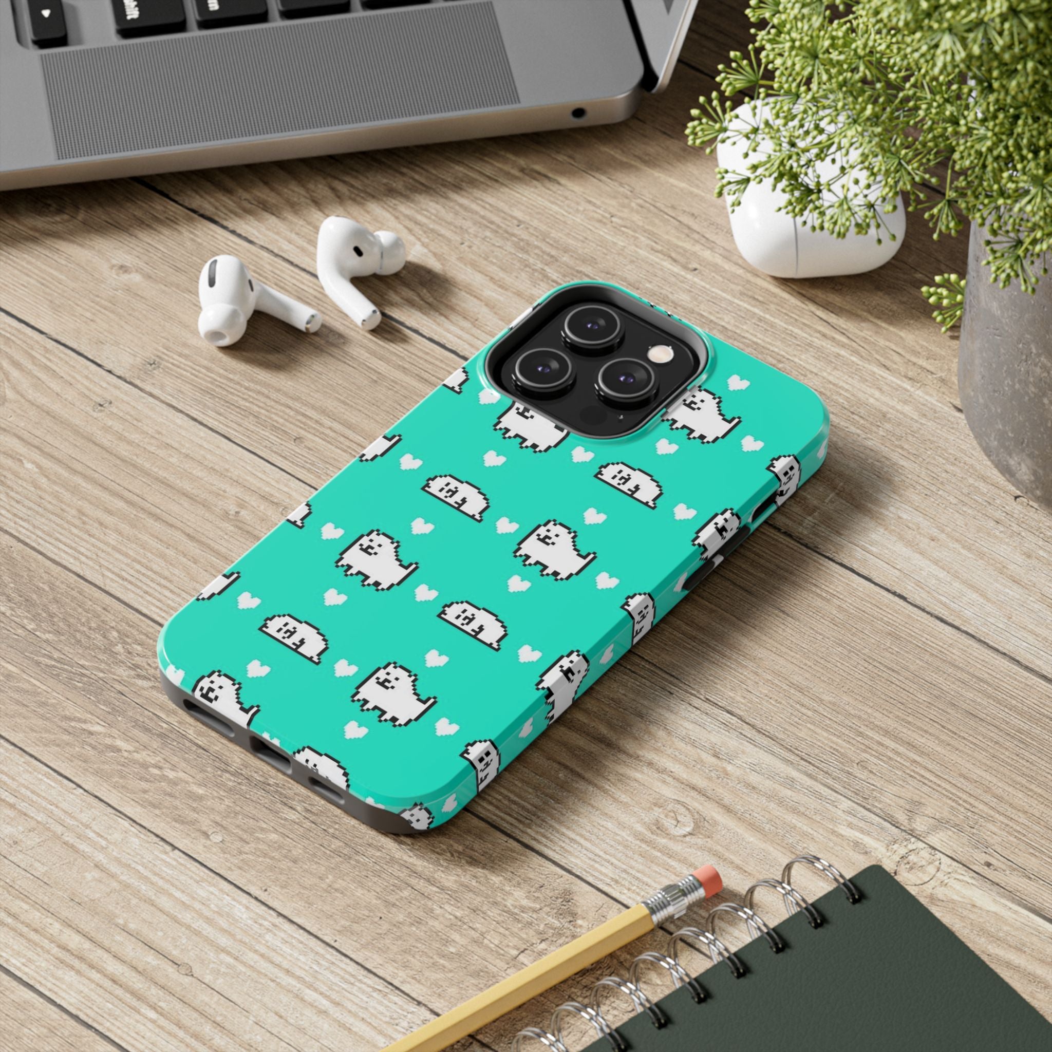 Undertale Cute Teal Kawaii Pixel Dog Pattern Phone Case | Cute Hearts Tough Phone Cases
