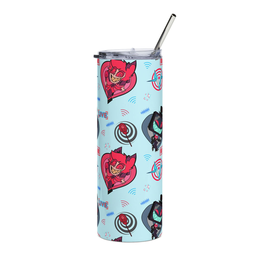 Hazbin Hotel VOX x Alastor Cartoon Heart Cat & Tech Emblem Stainless Steel Tumbler 20oz | Cute Pattern