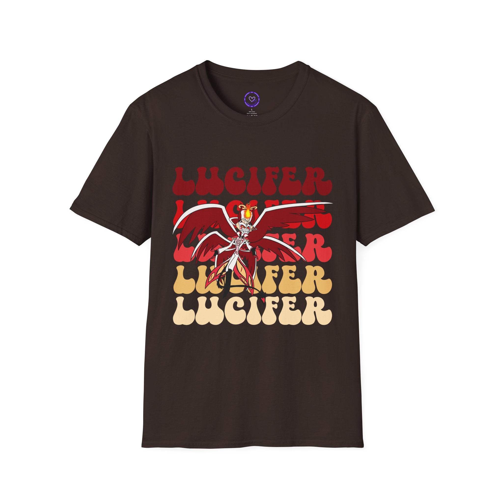 Lucifer Hazbin Hotel Demon Graphic T-Shirt | Retro Stacked Text, Red Yellow Illustration