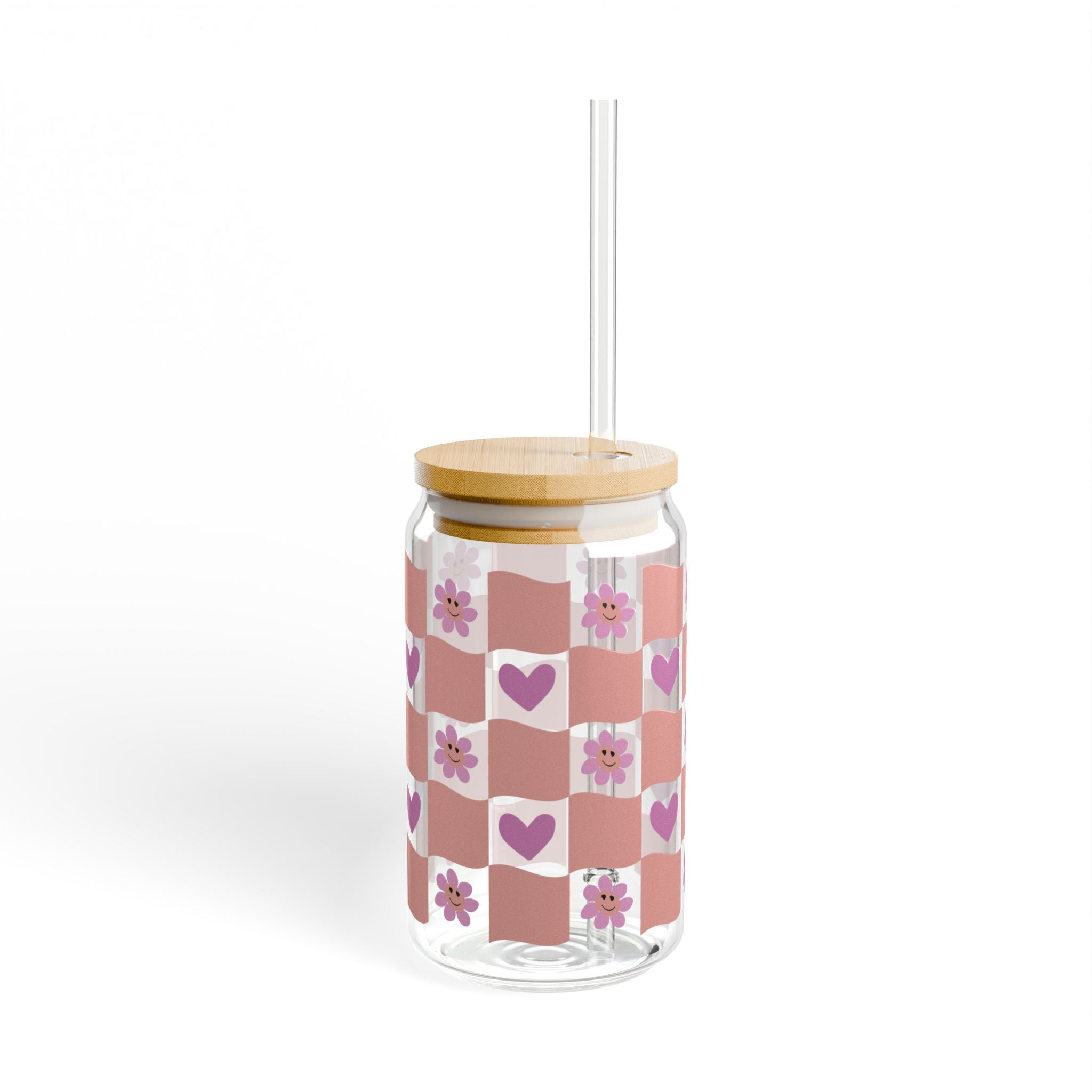 Pink Floral Checkerboard Sipper Glass