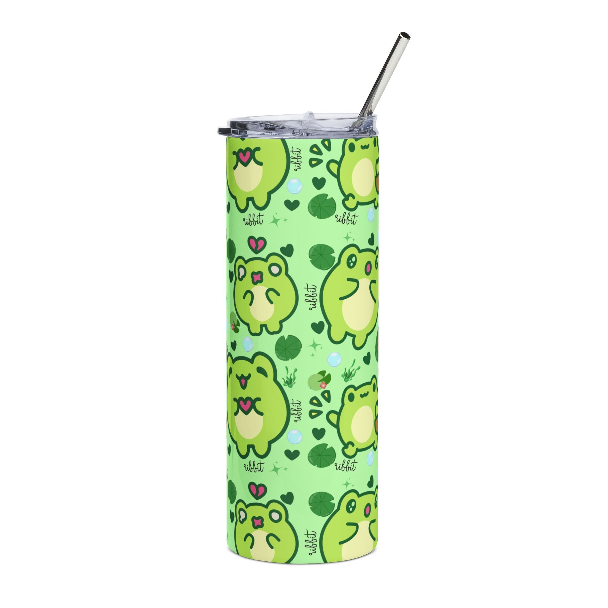 Cute Green Kawaii Frog Pattern Tumbler, 20oz Stainless Steel | Kawaii Frogcore Drinkware