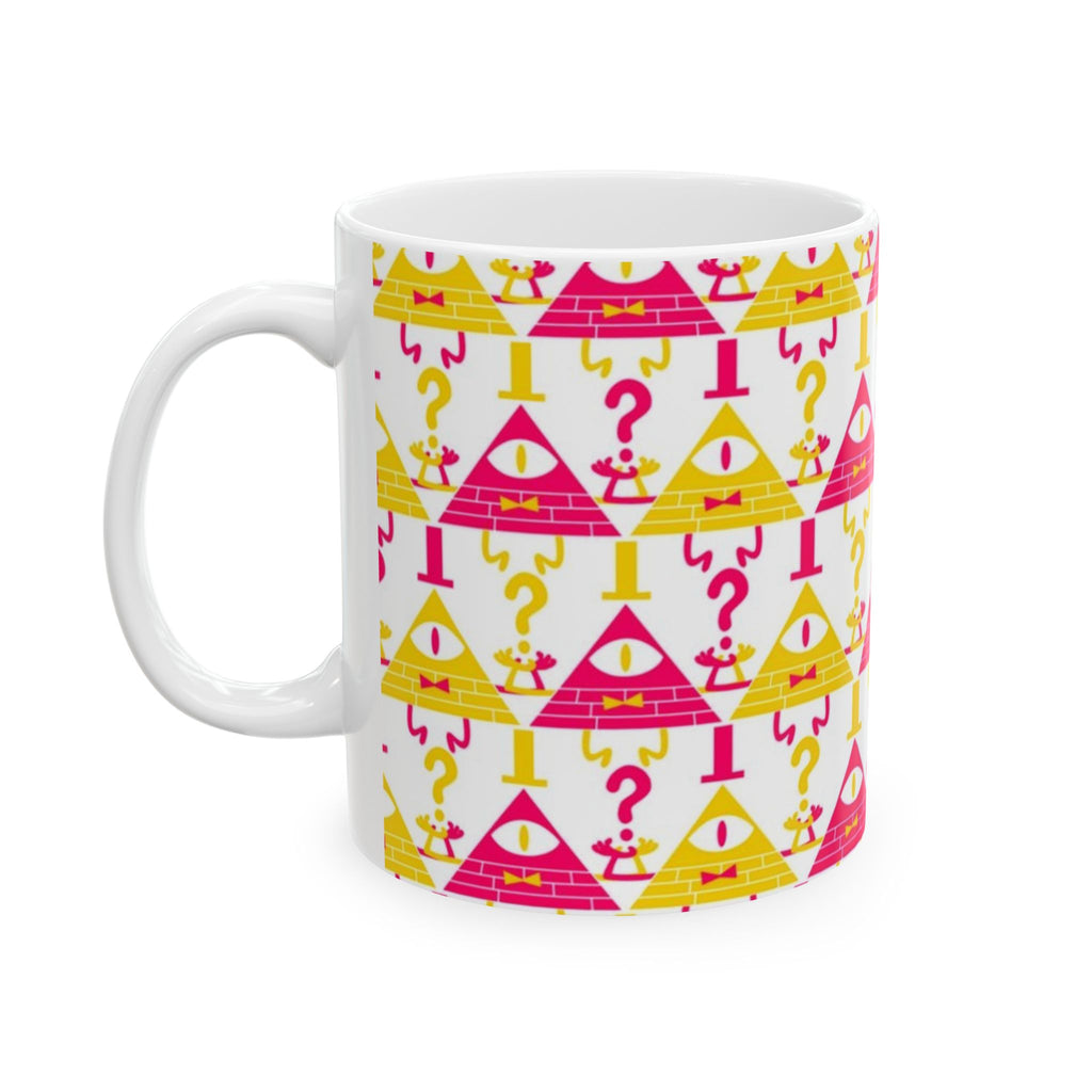 Gravity Falls Bill Cipher Mystery Triangle Pattern Mug | Colorful Eye & Question Mark Design