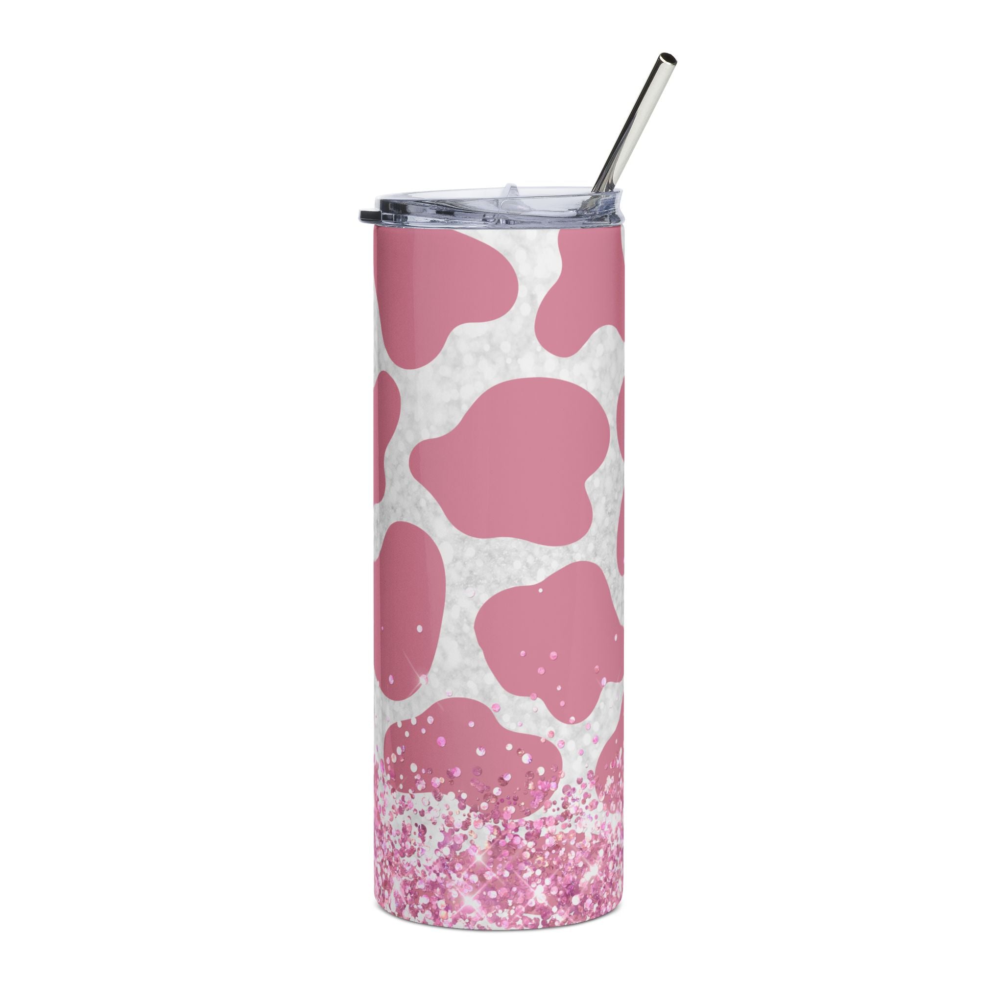 Pink Cow Print Stainless Steel Tumbler | 20oz Glitter Accent