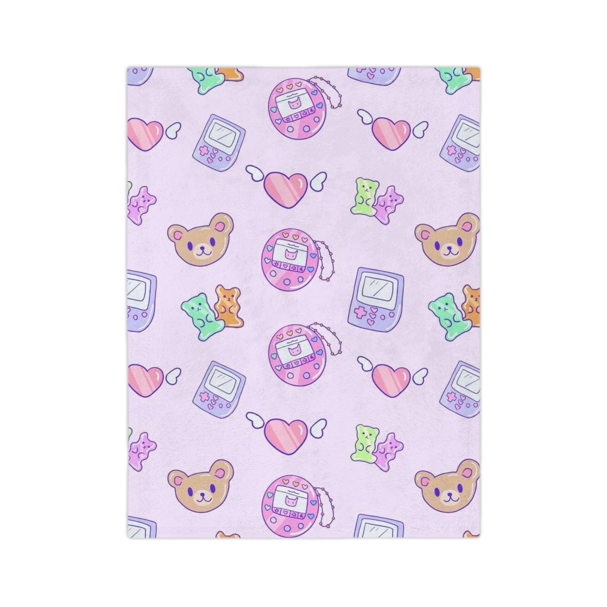 Kawaii Pastel Gamer Girl Tamagotchi & Bears Pattern Blanket | Velveteen Microfiber Throw