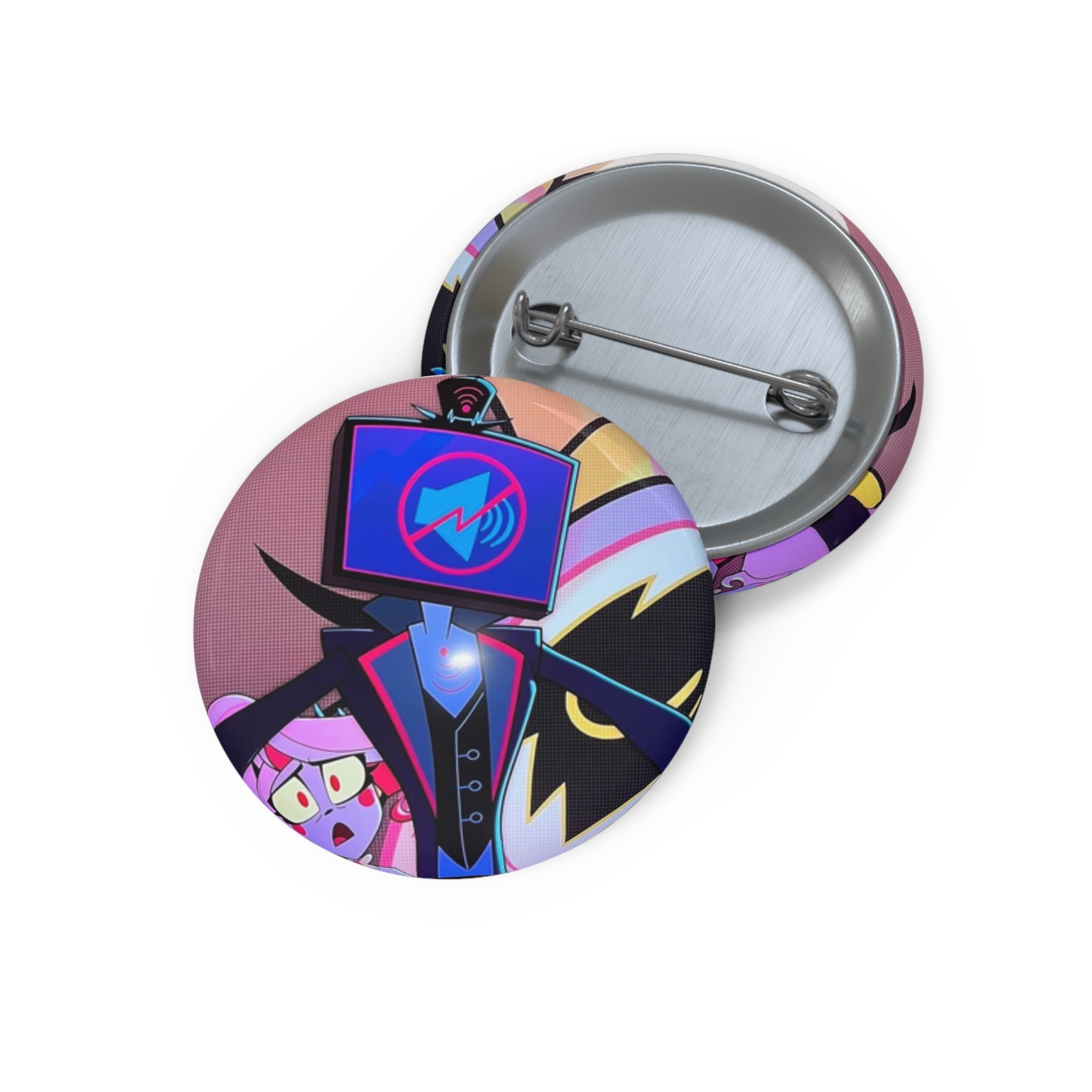 Vox Muted Hazbin Hotel Retro TV-headed Character Pin Button | Anime Style Badge, Colorful Cartoon Design
